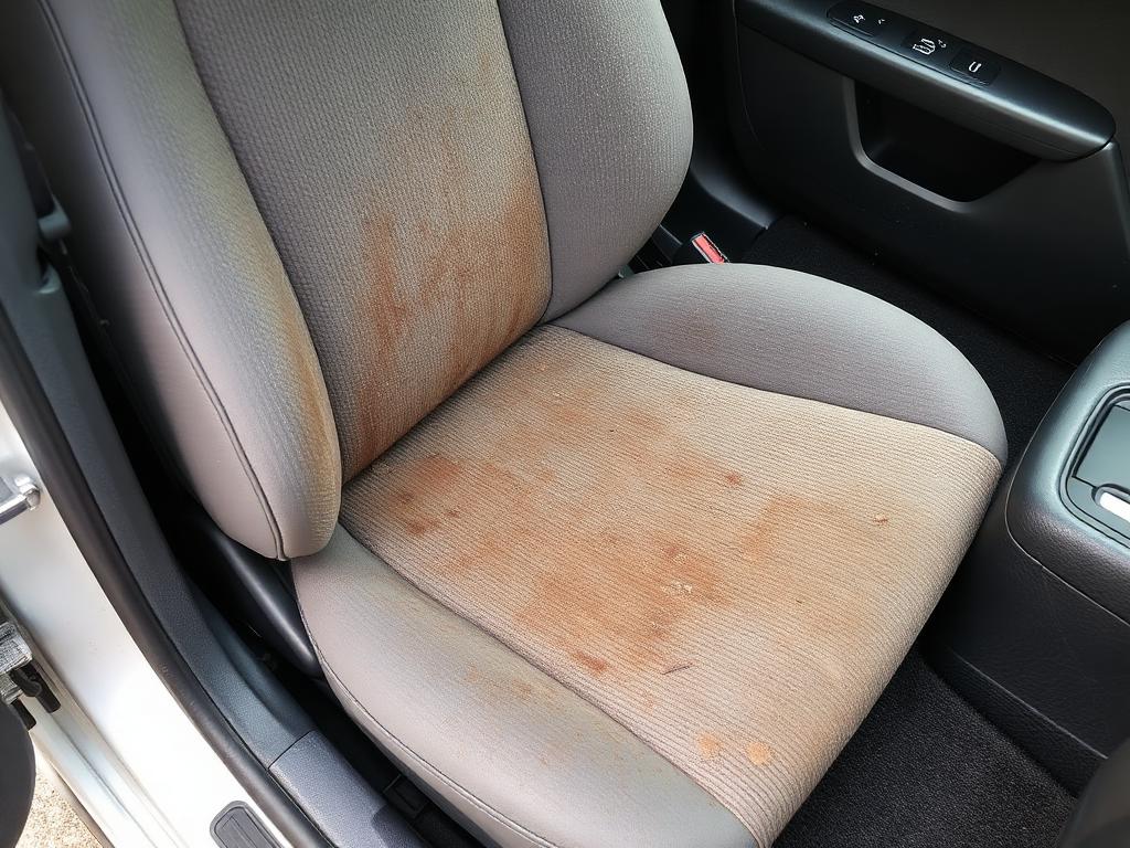 Stained cloth car seat before interior detailing