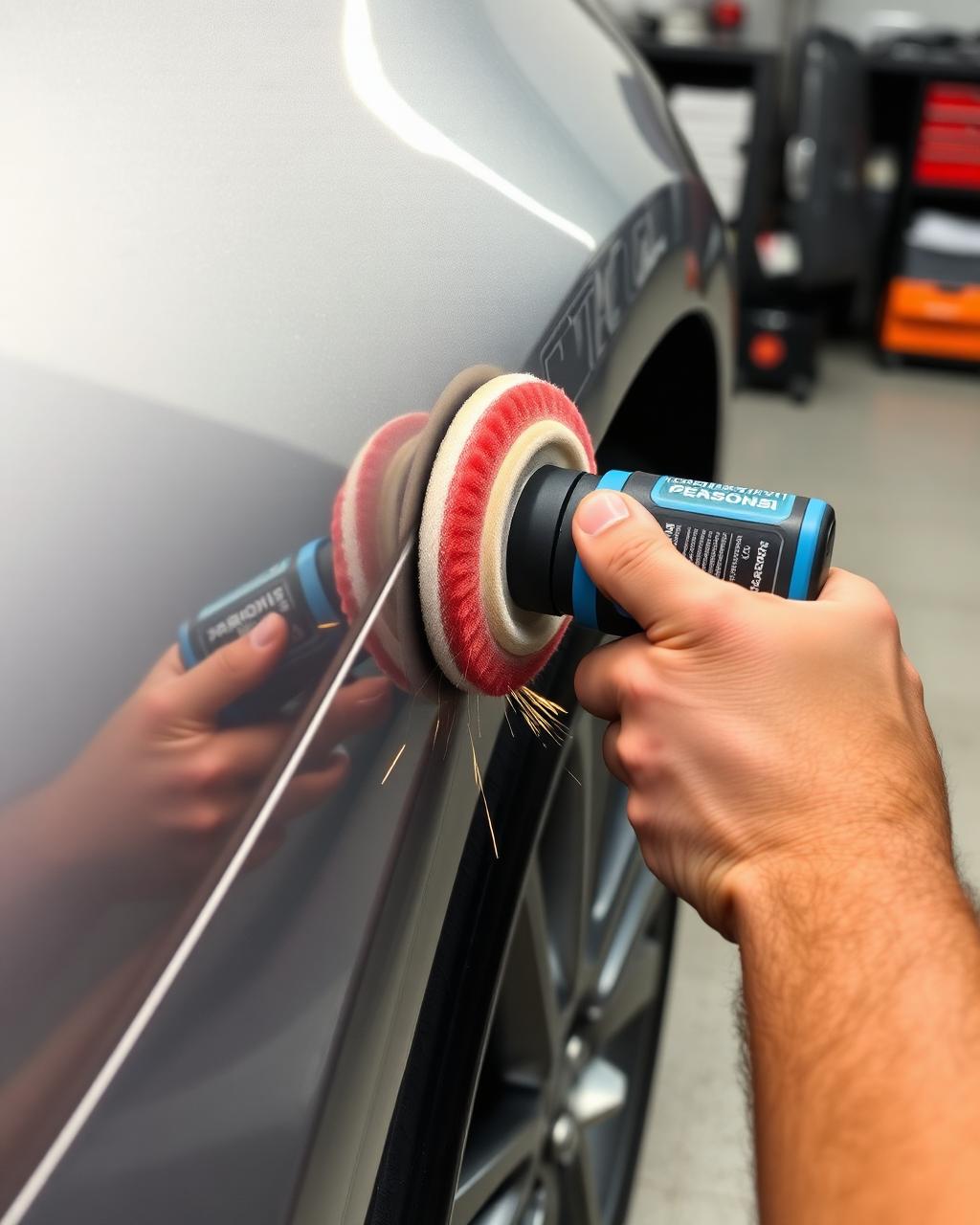 Detailer machine polishing a car fender