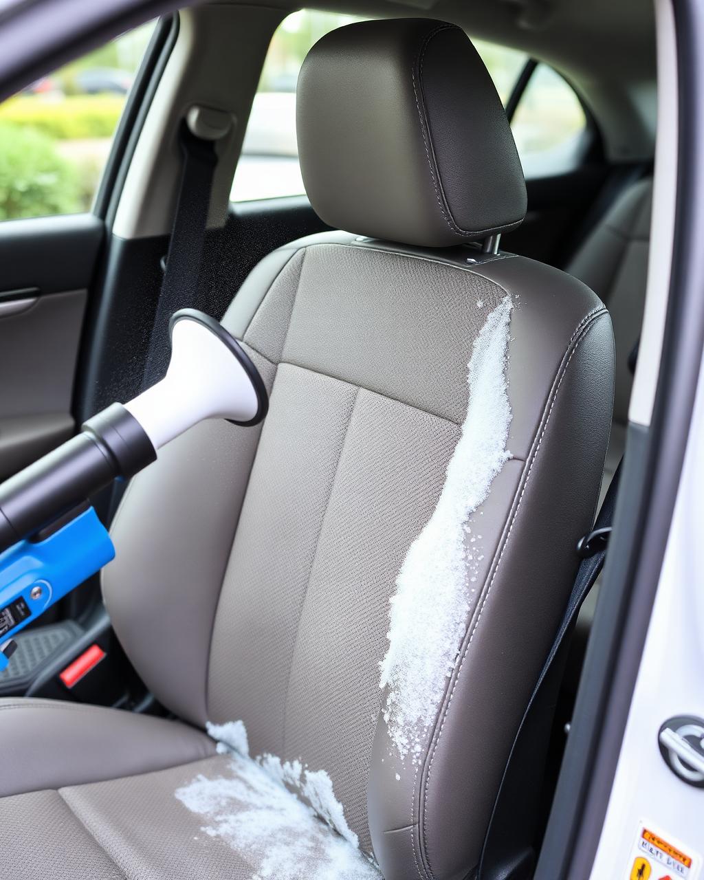 Steam cleaning a car seat with a steamer wand