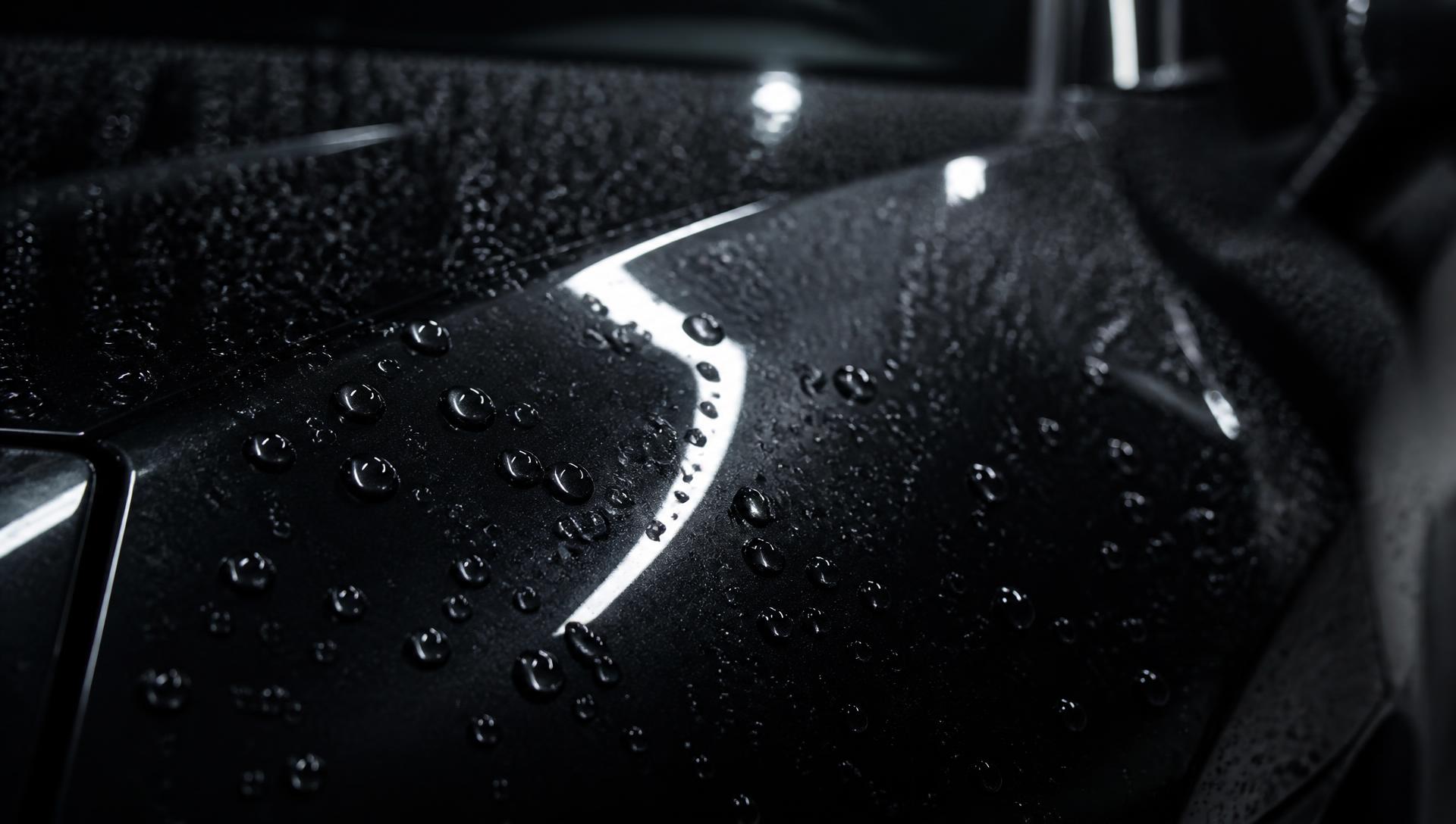Water beading on a freshly ceramic coated black car hood